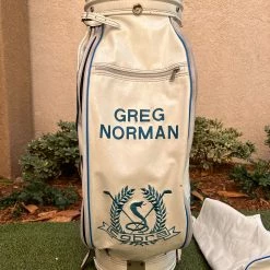 Www.chipnputt.com Authentic Vintage Cobra GREG NORMAN 6 Way Tour Cart Bag, With Rainhood, White/Blue-RARE!
